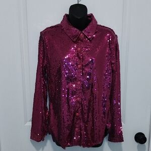 Glamorous Sequin Button-Down Shirt in Pink